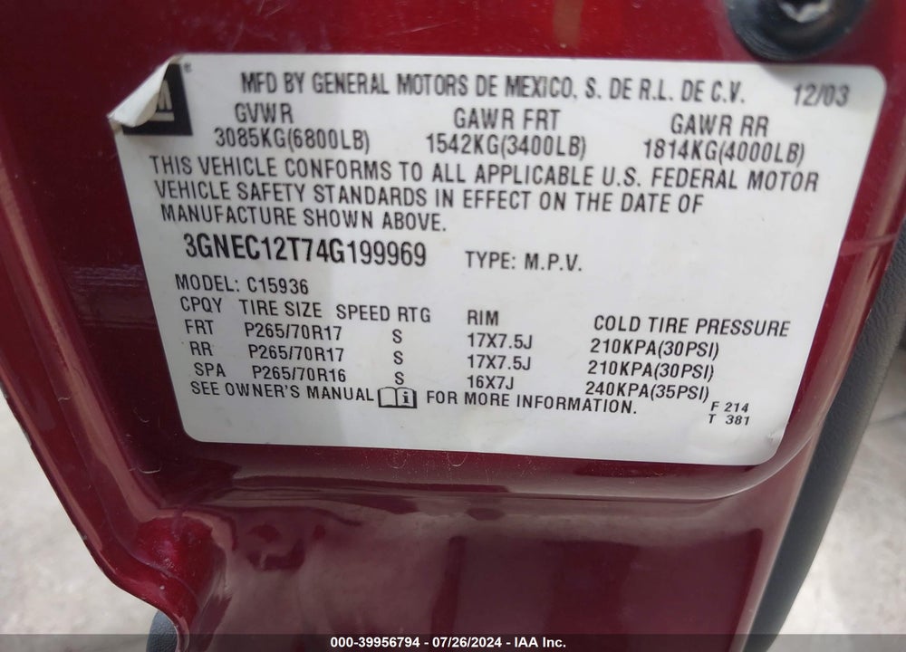2004 CHEVROLET AVALANCHE 1500 VIN: 3GNEC12T74G199969