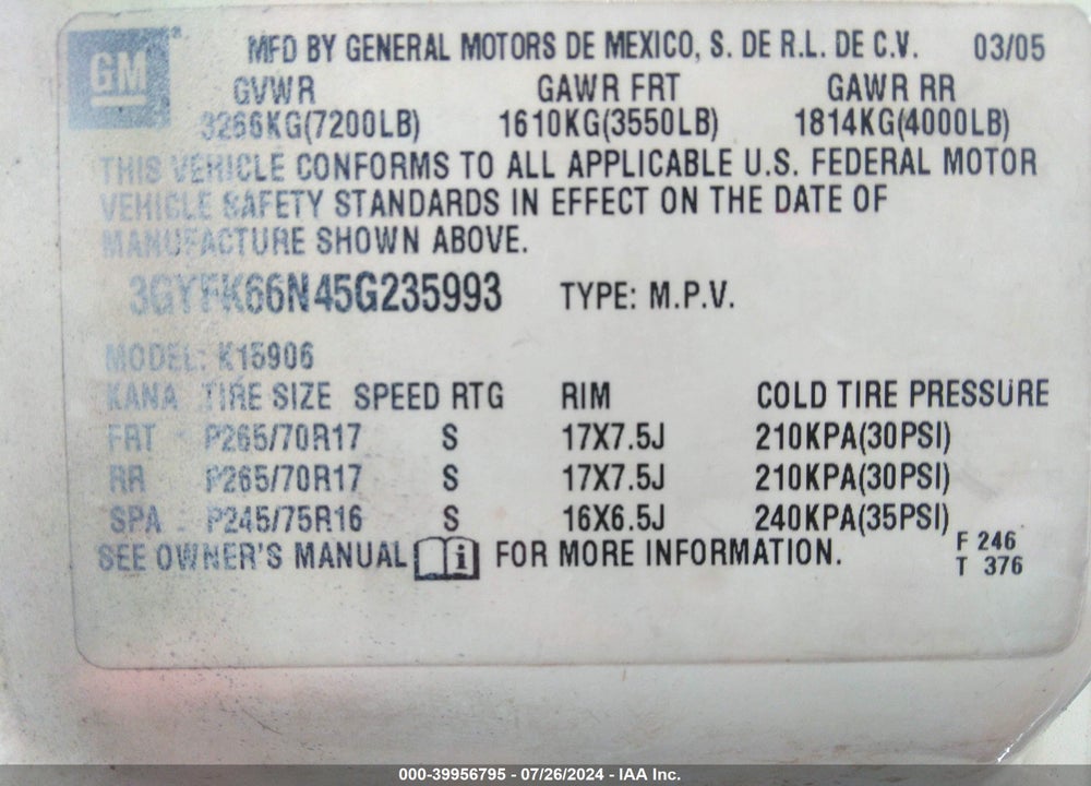 2005 CADILLAC ESCALADE ESV STANDARD VIN: 3GYFK66N45G235993