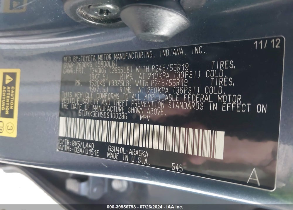 2013 TOYOTA HIGHLANDER VIN: 5TDYK3EH5DS100286
