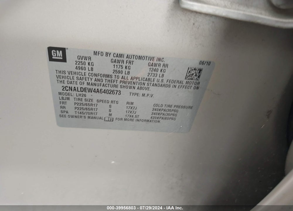 2010 CHEVROLET EQUINOX LT VIN: 2CNALDEW4A6402673