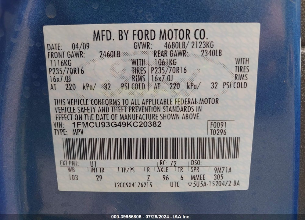 2009 FORD ESCAPE XLT VIN: 1FMCU93G49KC20382