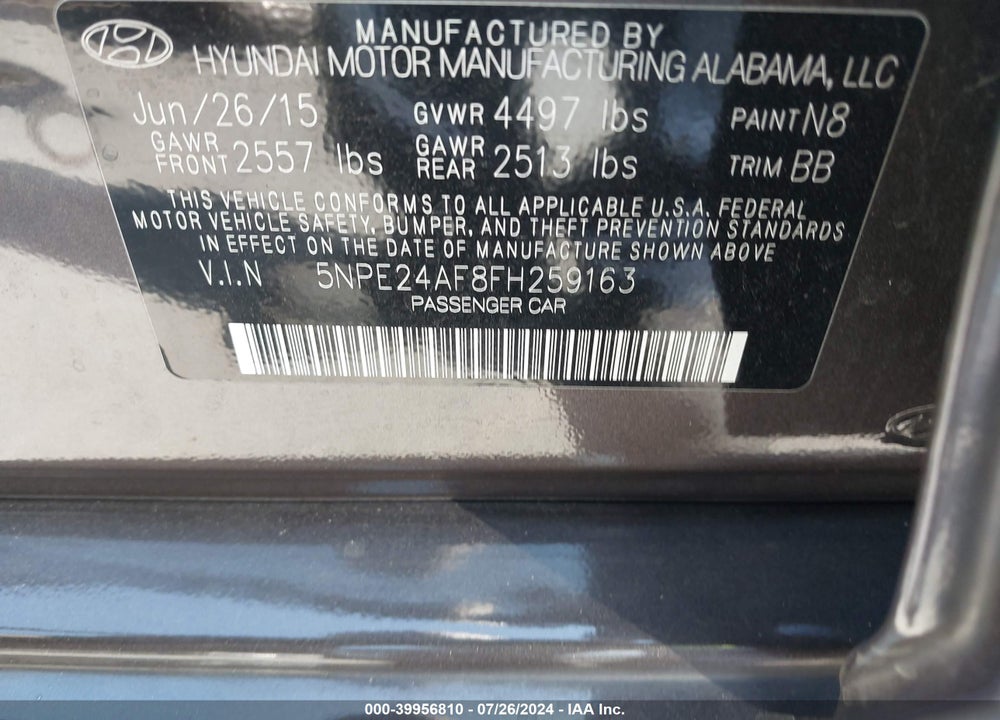 2015 HYUNDAI SONATA SE VIN: 5NPE24AF8FH259163