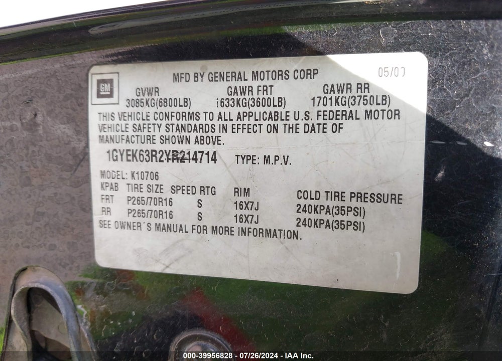 2000 CADILLAC ESCALADE STANDARD VIN: 1GYEK63R2YR214714