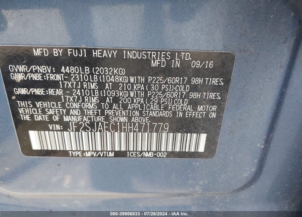 2017 SUBARU FORESTER 2.5I PREMIUM VIN: JF2SJAEC1HH471779