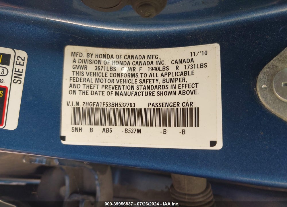 2011 HONDA CIVIC LX VIN: 2HGFA1F53BH532763