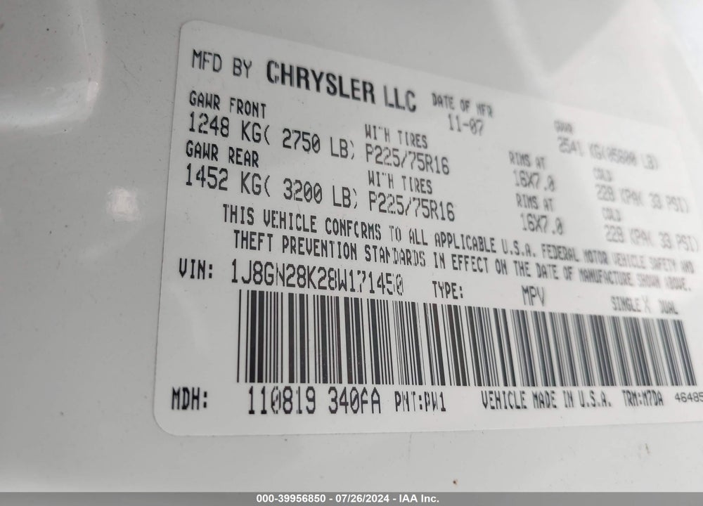 2008 JEEP LIBERTY SPORT VIN: 1J8GN28K28W171450