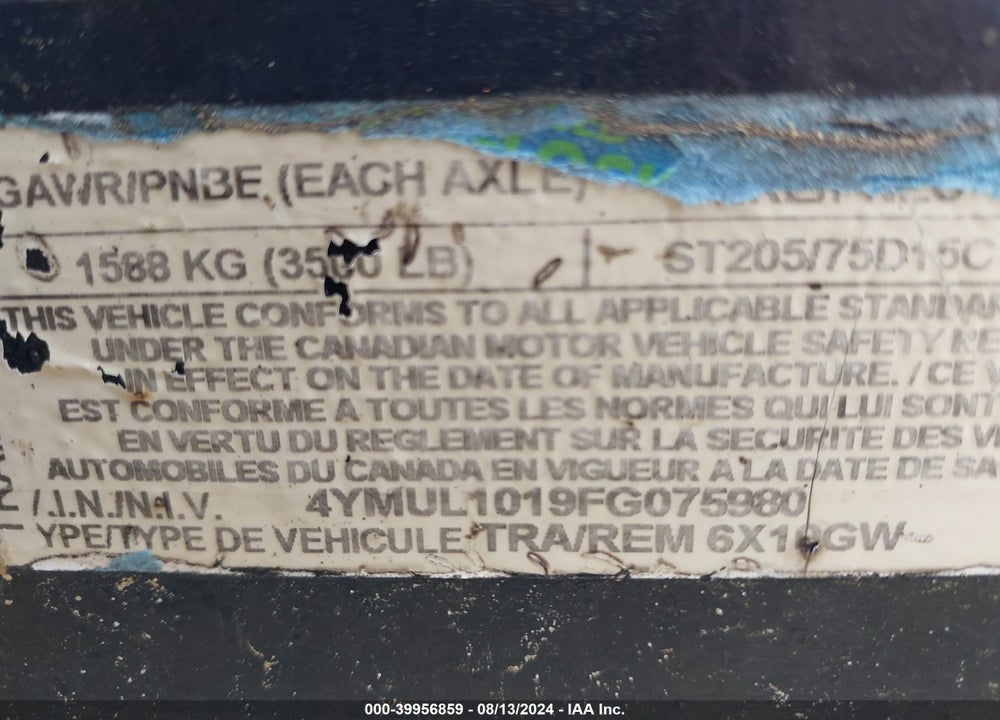 2015 TRAILER CAON VIN: 4YMUL1019FG075980