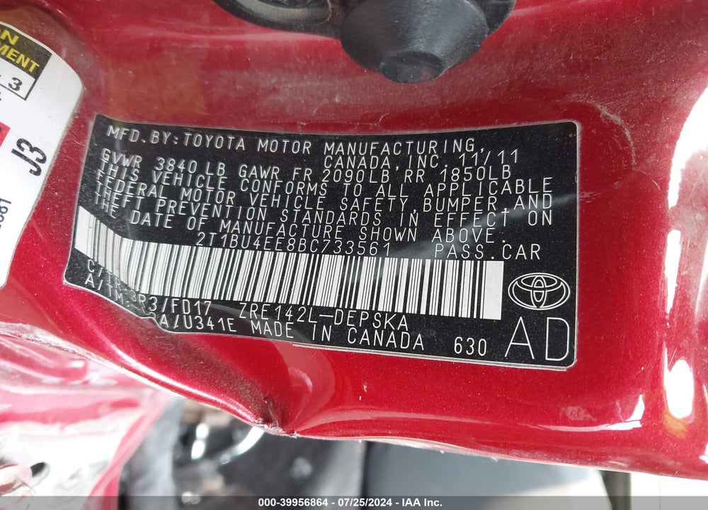 2011 TOYOTA COROLLA LE/S VIN: 2T1BU4EE8BC733561