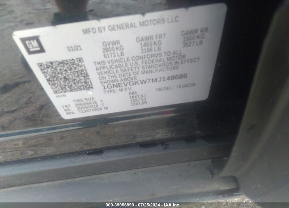 2021 CHEVROLET TRAVERSE AWD LT CLOTH VIN: 1GNEVGKW7MJ148686