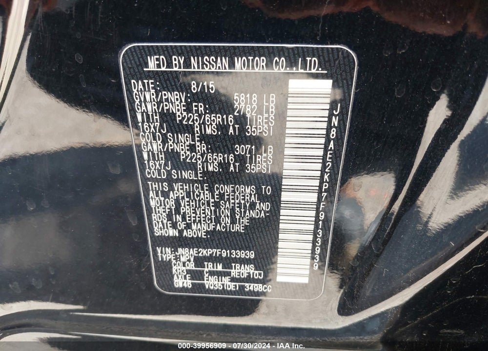2015 NISSAN QUEST PLATINUM/S/SL/SV VIN: JN8AE2KP7F9133939