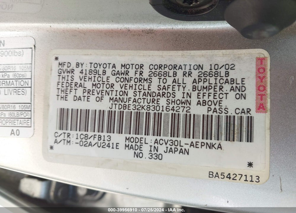 2003 TOYOTA CAMRY LE/SE/XLE VIN: JTDBE32K830164272