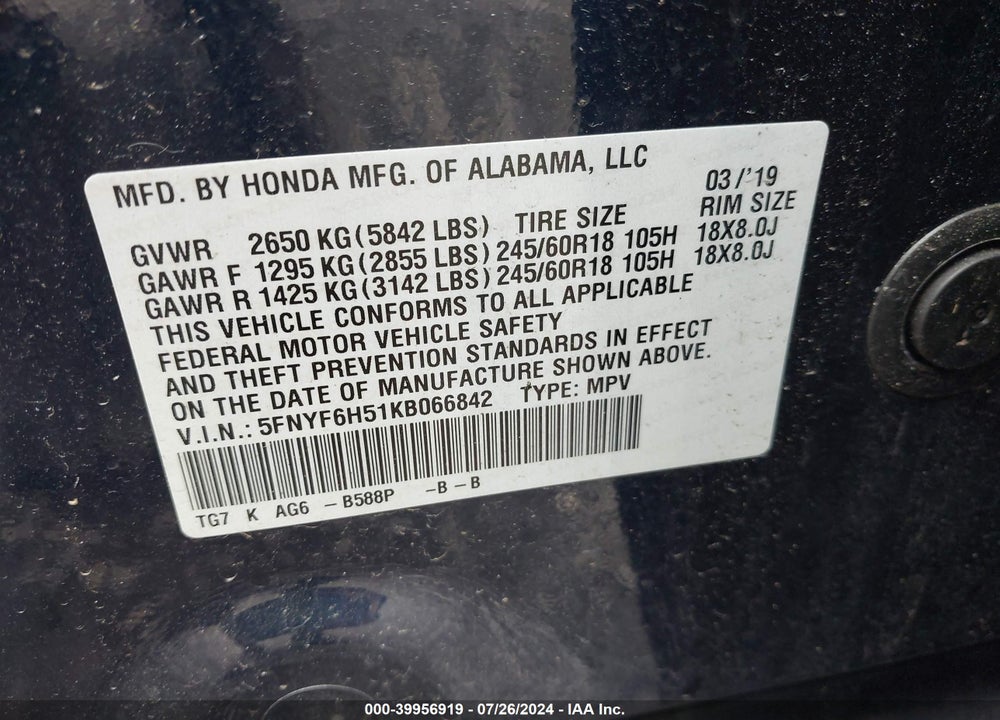 2019 HONDA PILOT EX-L VIN: 5FNYF6H51KB066842