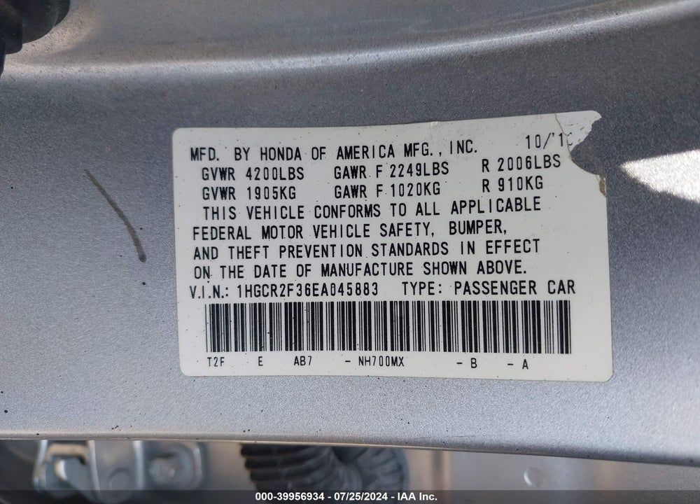 2014 HONDA ACCORD LX VIN: 1HGCR2F36EA045883