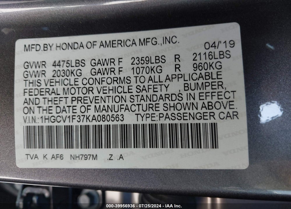 2019 HONDA ACCORD SPORT VIN: 1HGCV1F37KA080563