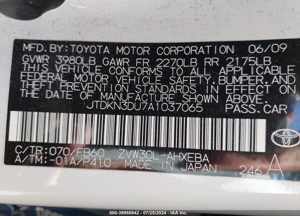 2010 TOYOTA PRIUS I/II/III/IV/V VIN: JTDKN3DU7A1037065
