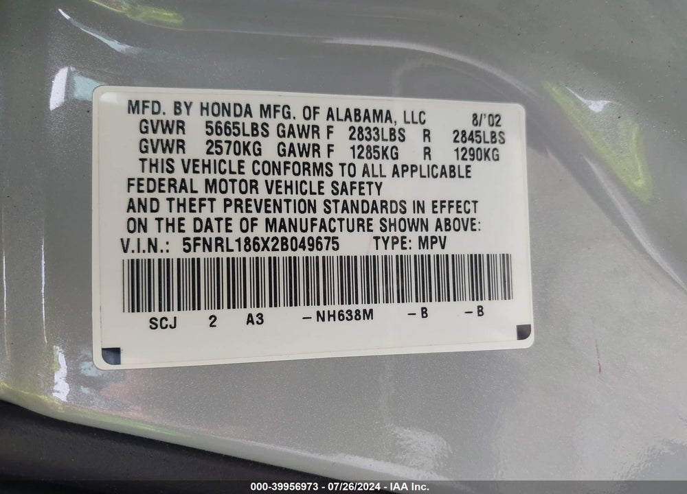 2002 HONDA ODYSSEY EX VIN: 5FNRL186X2B049675