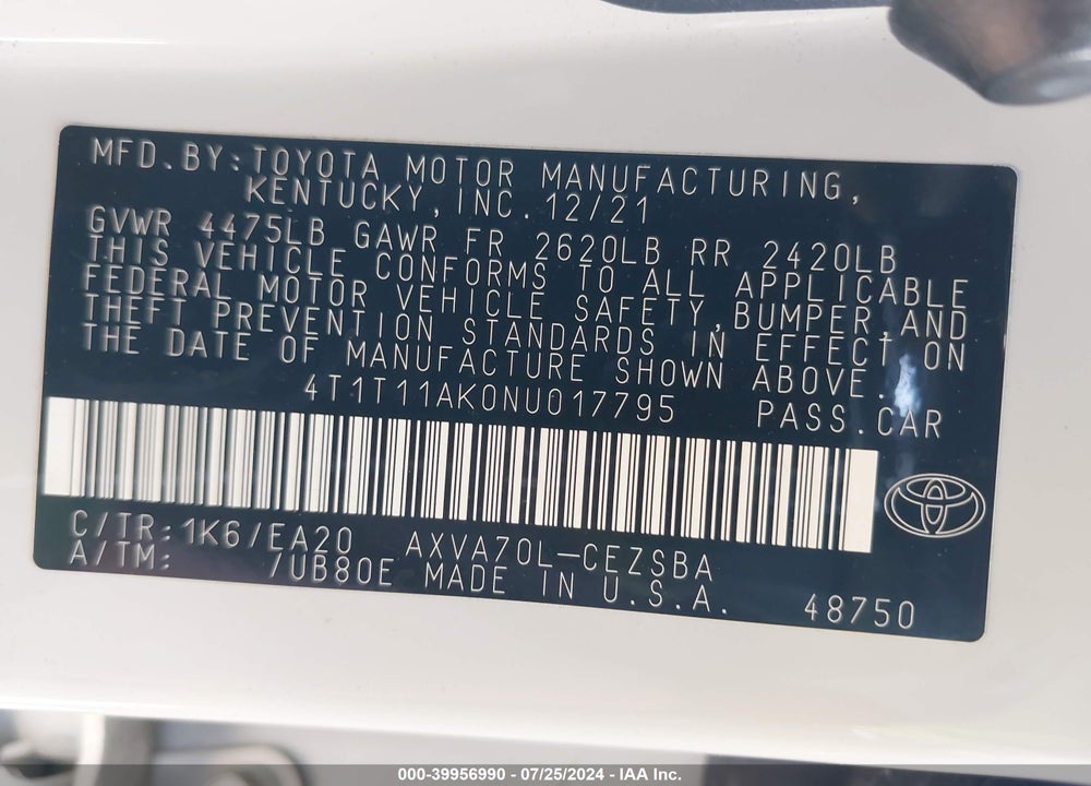 2022 TOYOTA CAMRY SE VIN: 4T1T11AK0NU017795