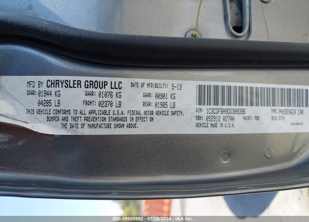 2013 DODGE DART SXT VIN: 1C3CDFBA9DD309396