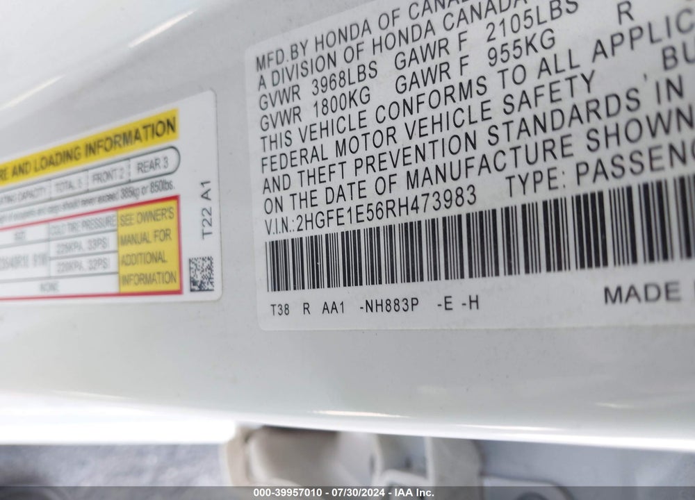2024 HONDA CIVIC SI SEDAN VIN: 2HGFE1E56RH473983
