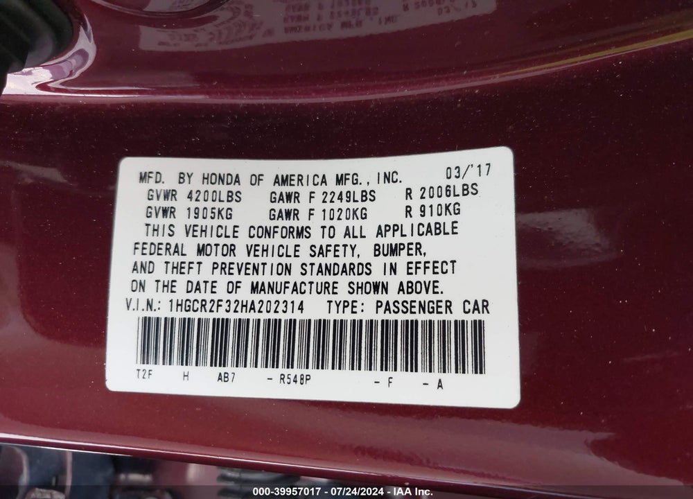 2017 HONDA ACCORD LX VIN: 1HGCR2F32HA202314