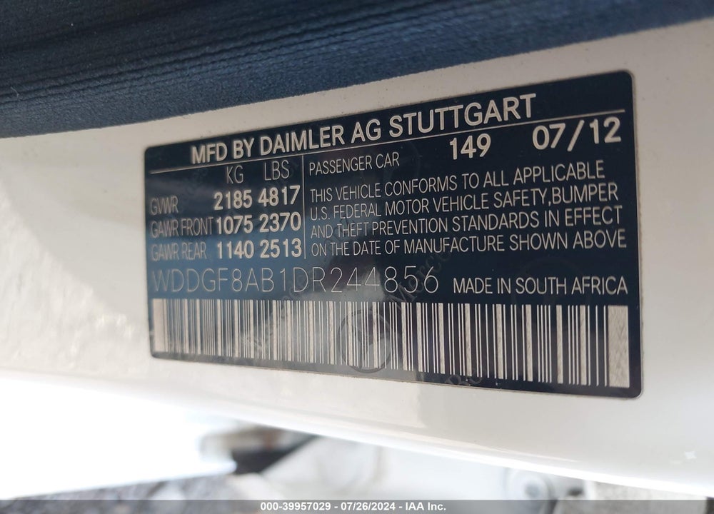 2013 MERCEDES-BENZ C 300 LUXURY 4MATIC/SPORT 4MATIC VIN: WDDGF8AB1DR244856