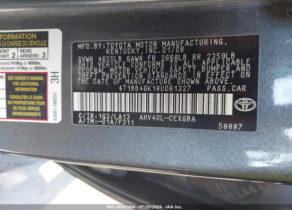2008 TOYOTA CAMRY HYBRID VIN: 4T1BB46K18U061327