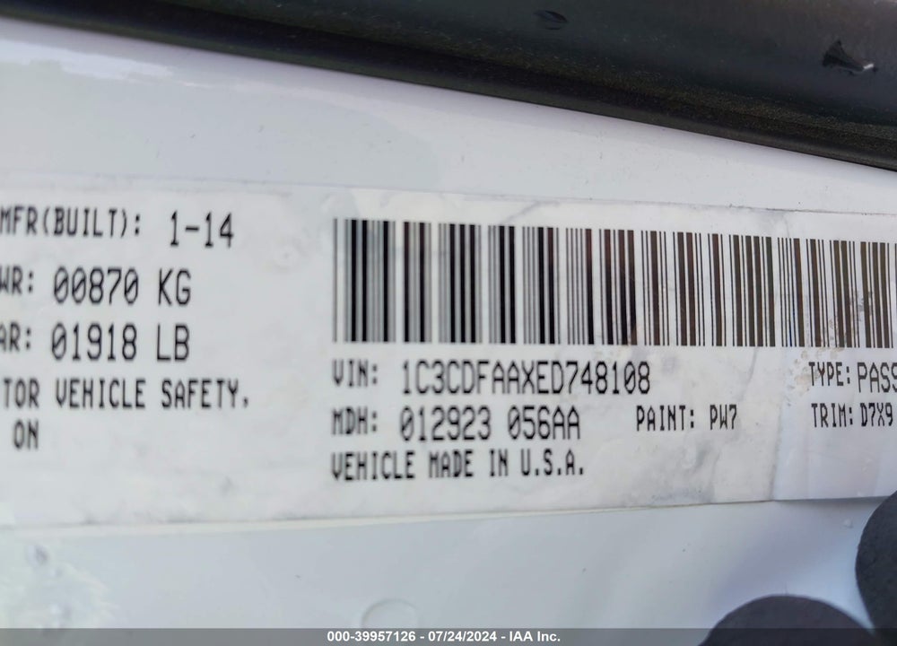 2014 DODGE DART SE VIN: 1C3CDFAAXED748108