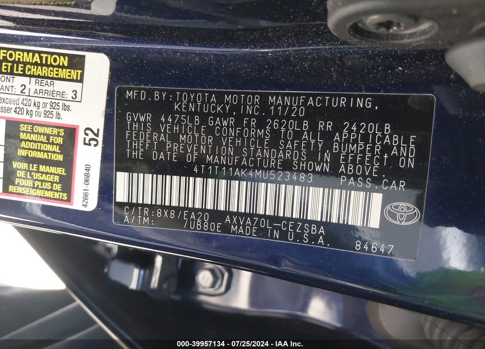 2021 TOYOTA CAMRY SE VIN: 4T1T11AK4MU523483