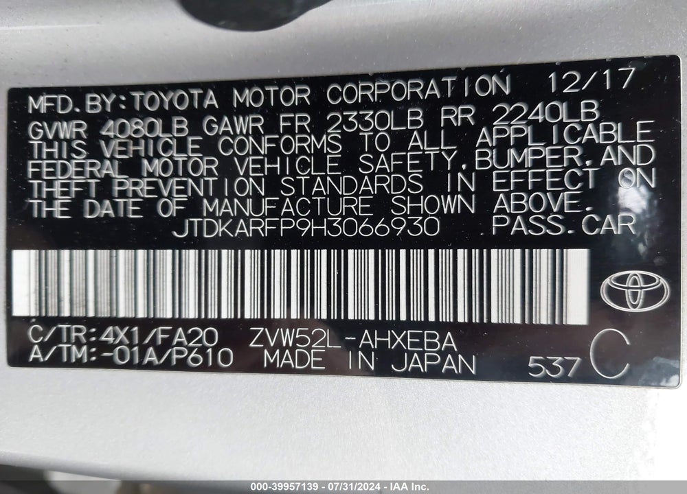 2017 TOYOTA PRIUS PRIME PLUS VIN: JTDKARFP9H3066930