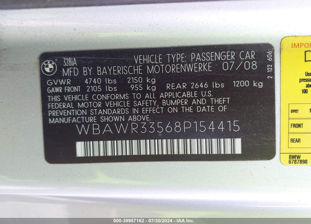 2008 BMW 328I VIN: WBAWR33568P154415
