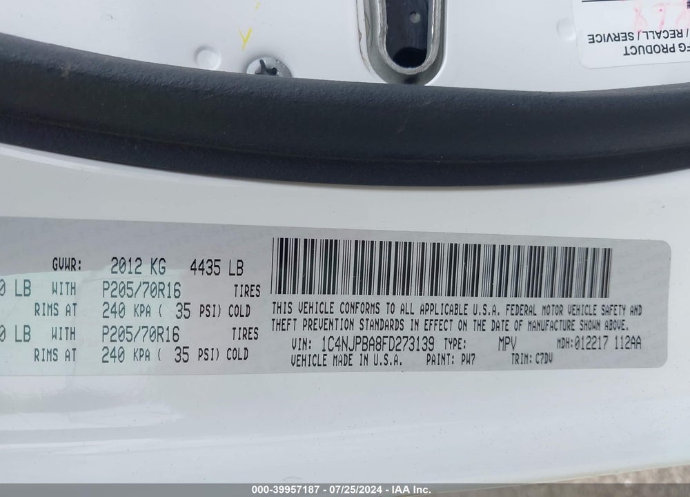 2015 JEEP PATRIOT SPORT VIN: 1C4NJPBA8FD273139
