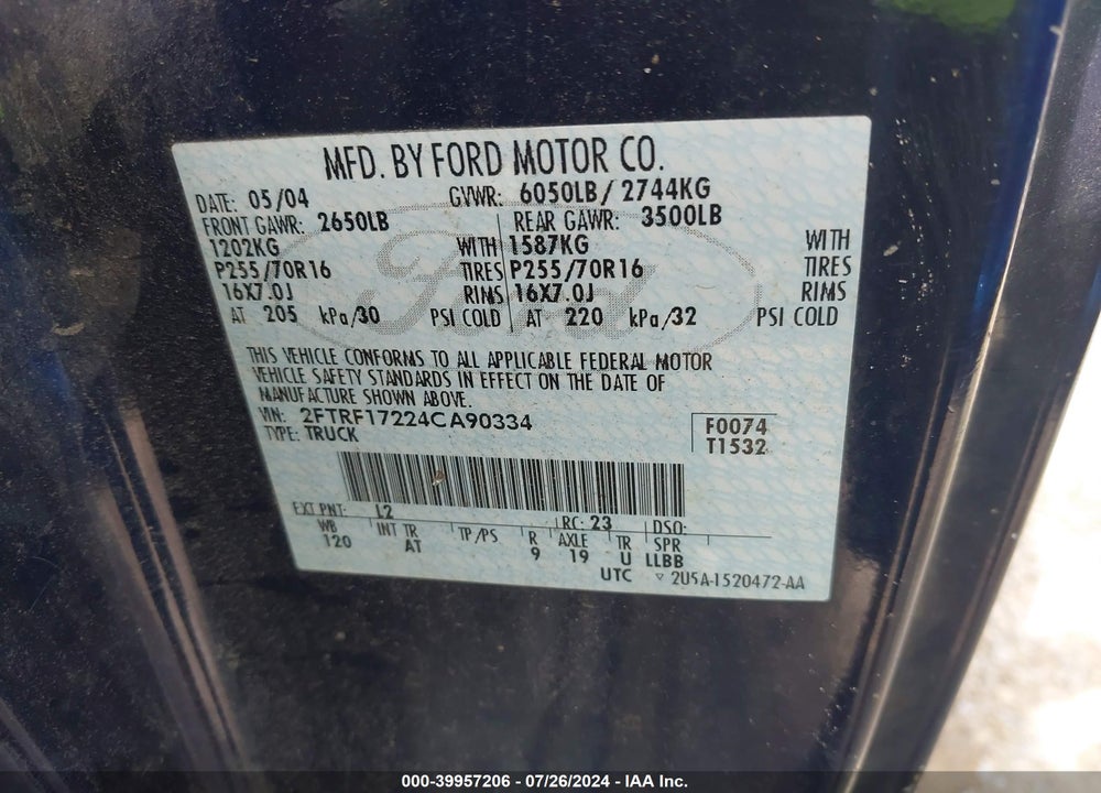 2004 FORD F-150 HERITAGE XL/XLT VIN: 2FTRF17224CA90334