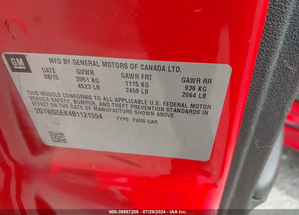 2011 CHEVROLET IMPALA VIN: 2G1WG5EK4B1121594