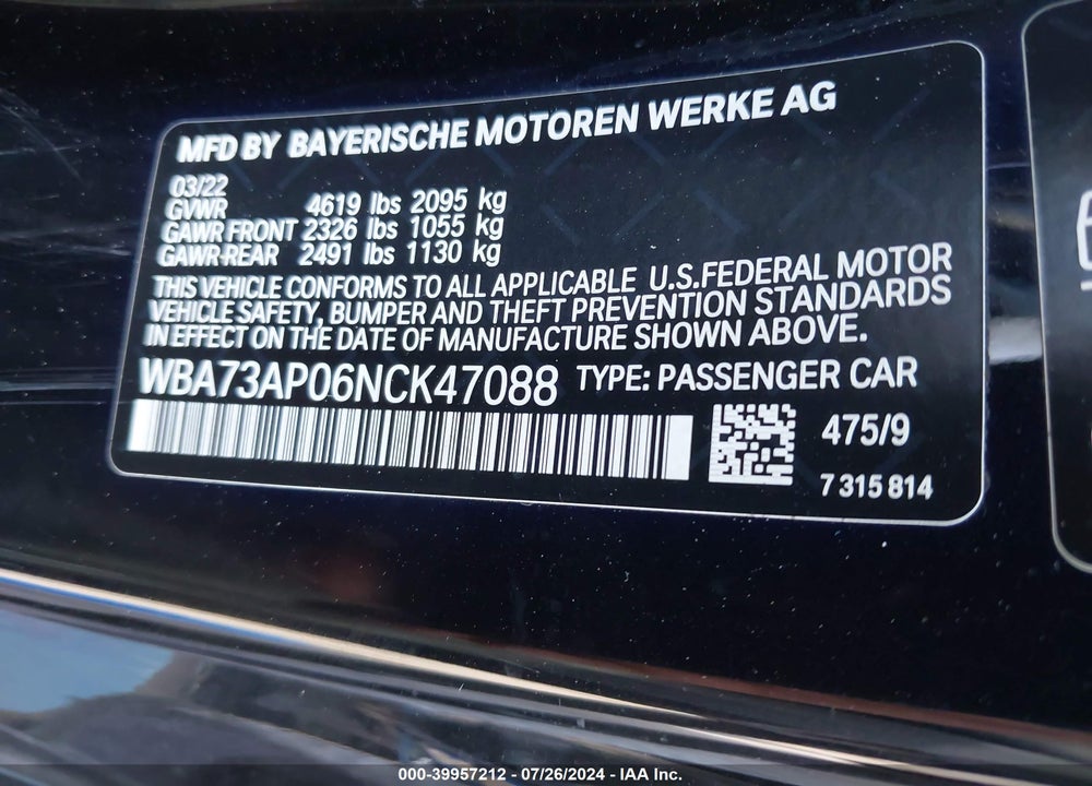 2022 BMW 430I XDRIVE VIN: WBA73AP06NCK47088