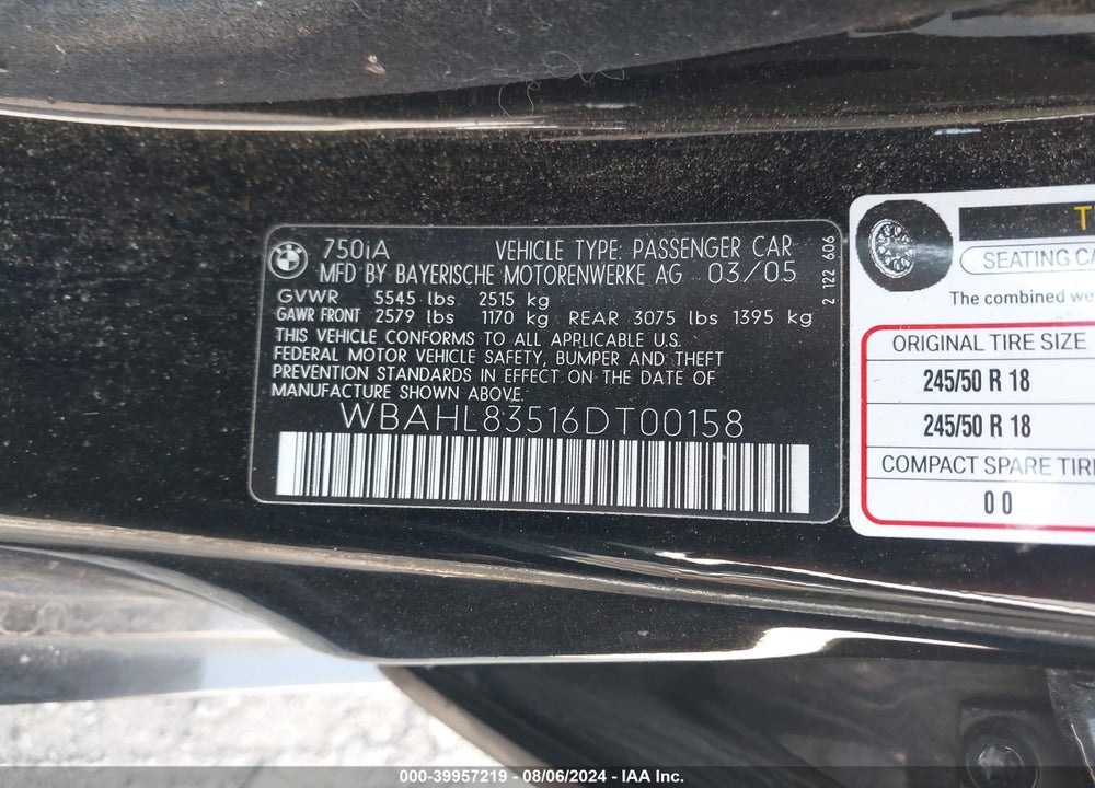 2006 BMW 750I VIN: WBAHL83516DT00158