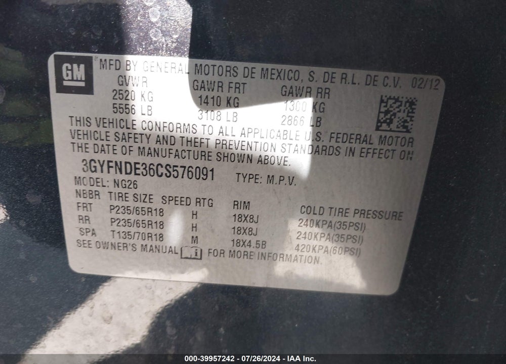 2012 CADILLAC SRX LUXURY COLLECTION VIN: 3GYFNDE36CS576091