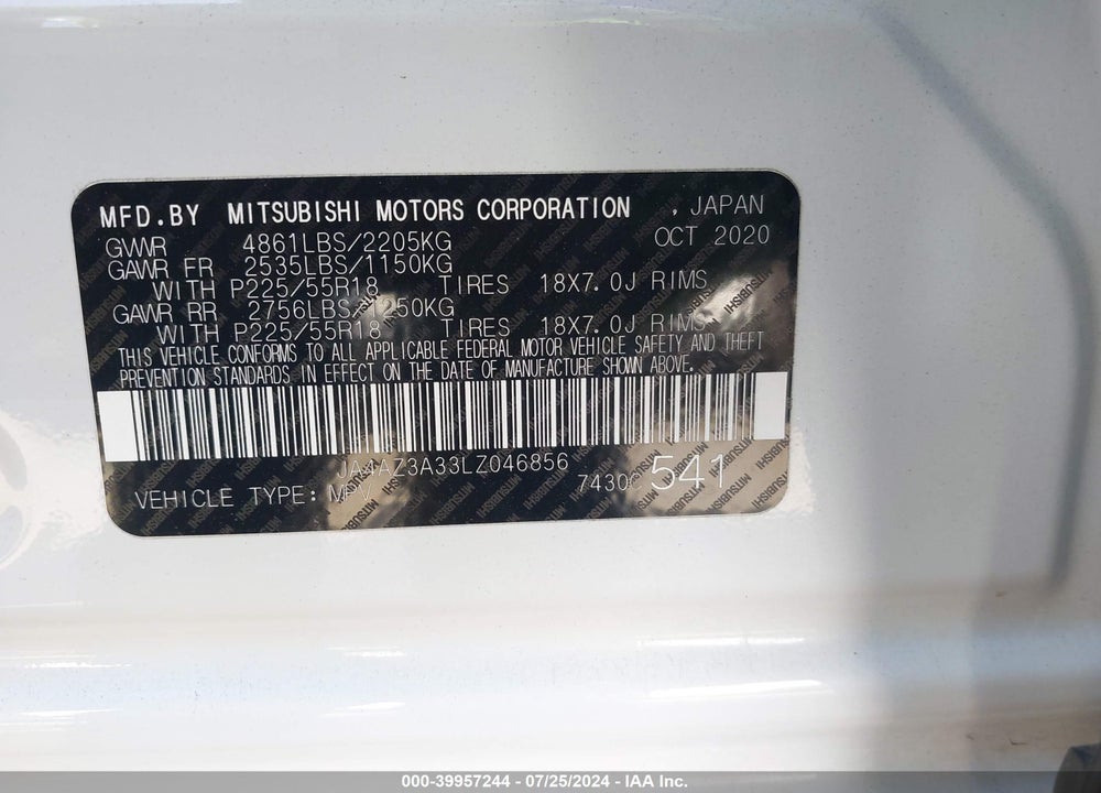2020 MITSUBISHI OUTLANDER ES 2.4 S-AWC/LE 2.4 S-AWC/SE 2.4 S-AWC/SEL 2.4 S-AWC/SP 2.4 S-AWC VIN: JA4AZ3A33LZ046856