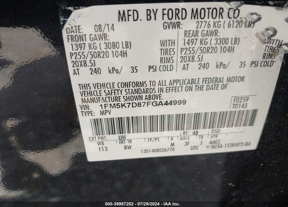 2015 FORD EXPLORER XLT VIN: 1FM5K7D87FGA44999