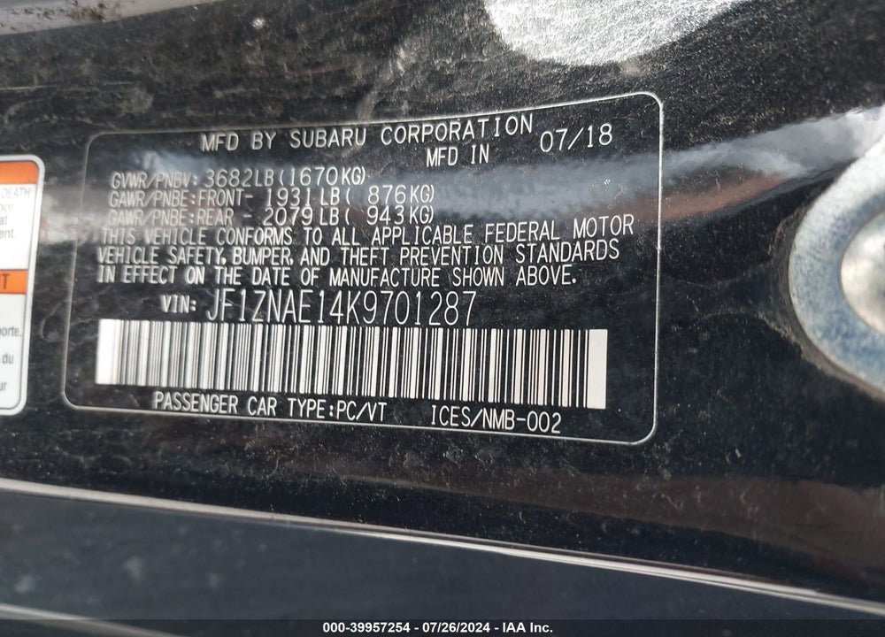 2019 TOYOTA 86 GT/TRD SE VIN: JF1ZNAE14K9701287