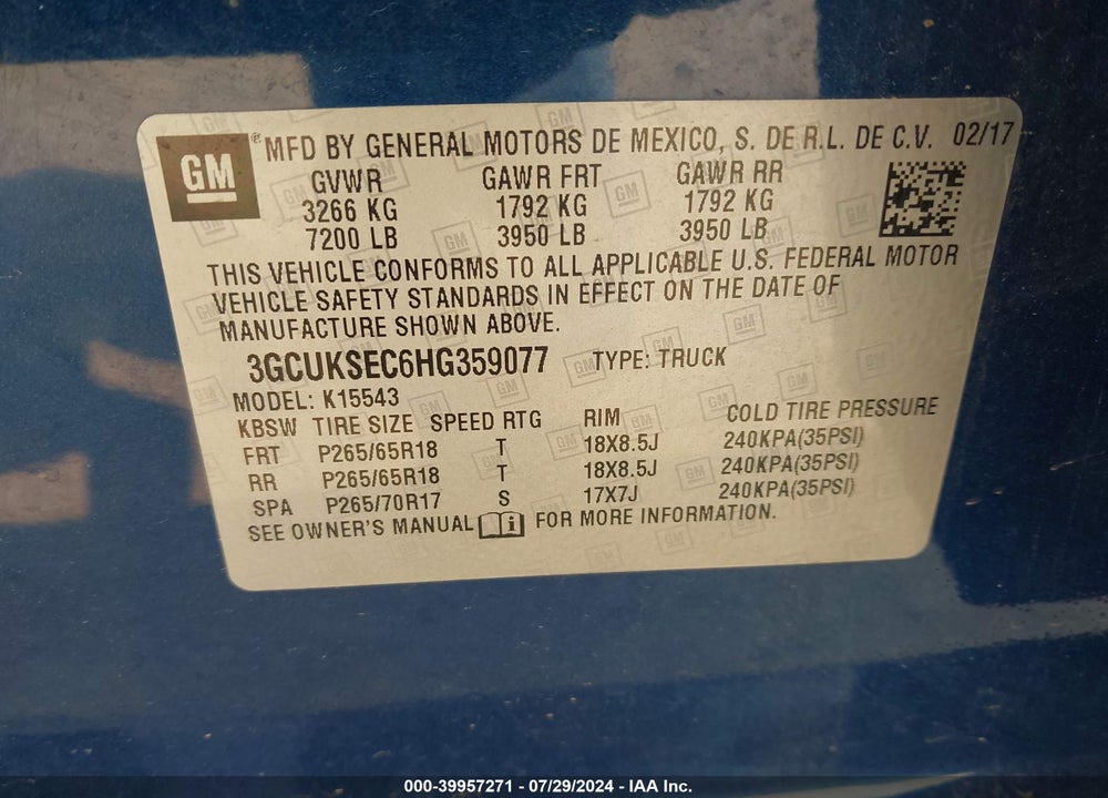 2017 CHEVROLET SILVERADO 1500 2LZ VIN: 3GCUKSEC6HG359077