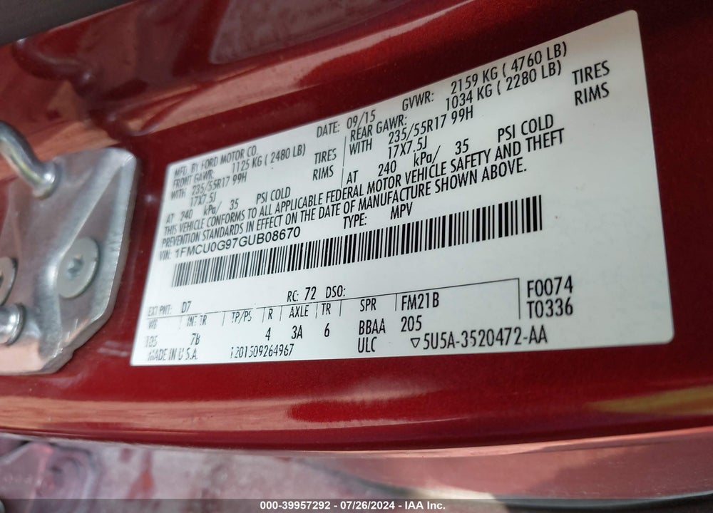 2016 FORD ESCAPE SE VIN: 1FMCU0G97GUB08670