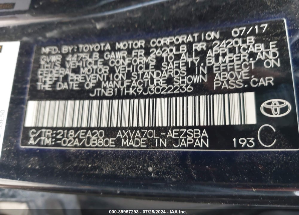 2018 TOYOTA CAMRY VIN: JTNB11HK9J3022236