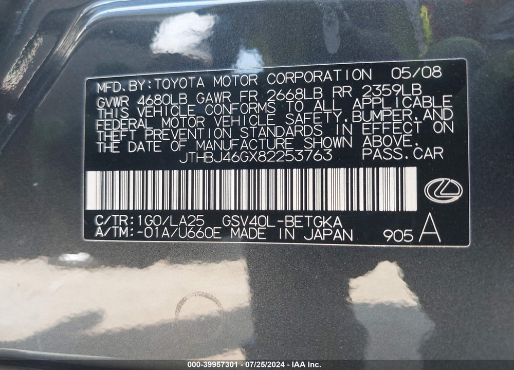 2008 LEXUS ES 350 VIN: JTHBJ46GX82253763