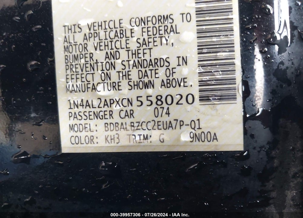 2012 NISSAN ALTIMA VIN: 1N4AL2APXCN558020