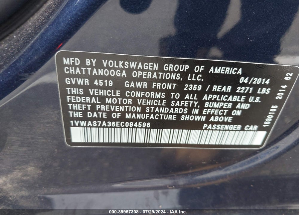 2014 VOLKSWAGEN PASSAT 1.8T WOLFSBURG EDITION VIN: 1VWAS7A36EC094596