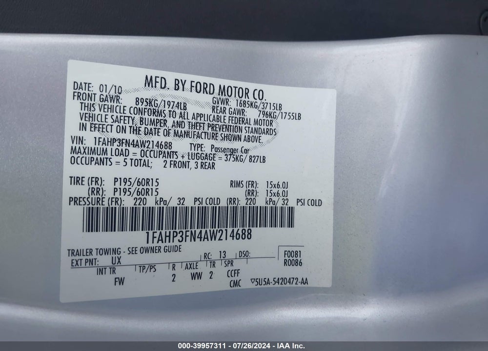 2010 FORD FOCUS SE VIN: 1FAHP3FN4AW214688