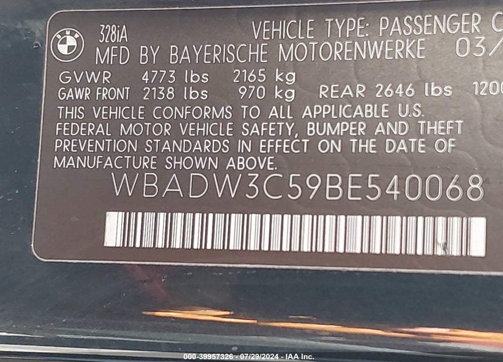 2011 BMW 328I VIN: WBADW3C59BE540068