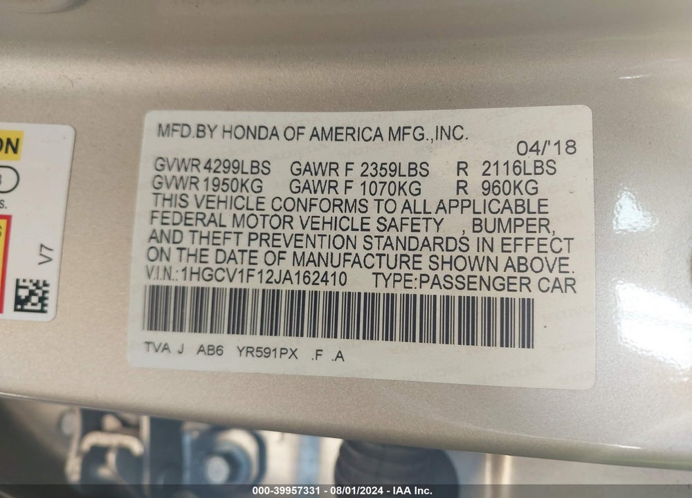 2018 HONDA ACCORD LX VIN: 1HGCV1F12JA162410