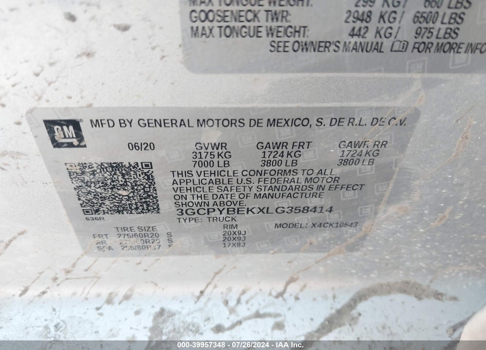 2020 CHEVROLET SILVERADO 1500 4WD  SHORT BED CUSTOM/4WD  STANDARD BED CUSTOM VIN: 3GCPYBEKXLG358414