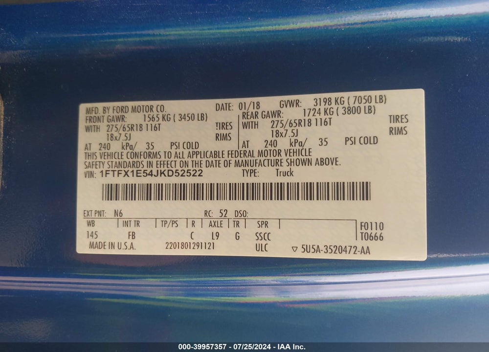 2018 FORD F-150 XLT VIN: 1FTFX1E54JKD52522